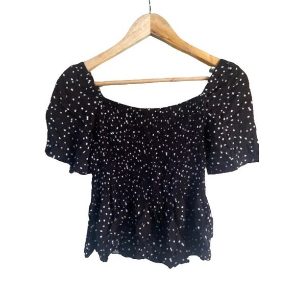 Kirious Los Angeles Black‎ White Smocked Fit Flare Flounce Sleeve Top Sz S - Picture 2 of 9